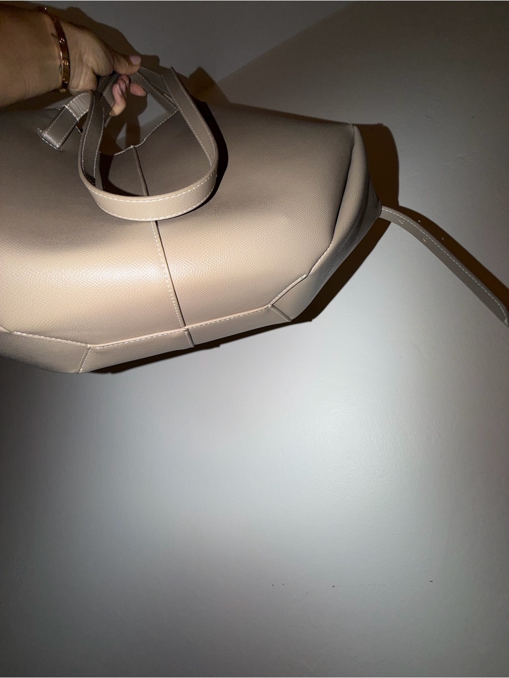 Taupe Structured Leather Tote Bag - Women's Handbag - Picture 5 of 8